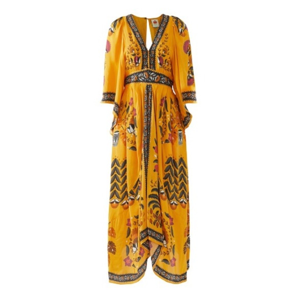 Farm Rio Mustard Yellow Tropical Floral Kimono Sleeve V-Neck Maxi Dress M